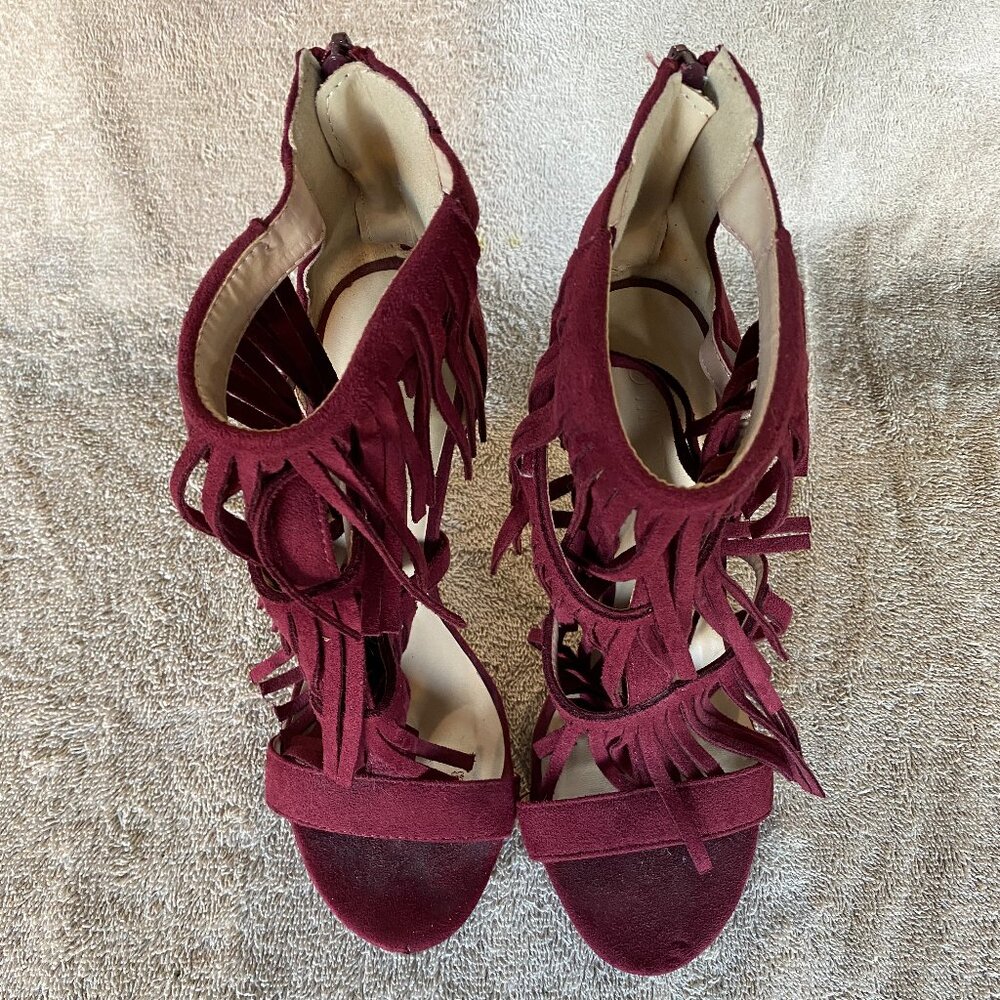 Wild Diva Lounge Burgundy Fringe Heels | Size 7.5 | Suede Cutout Stiletto Sandal